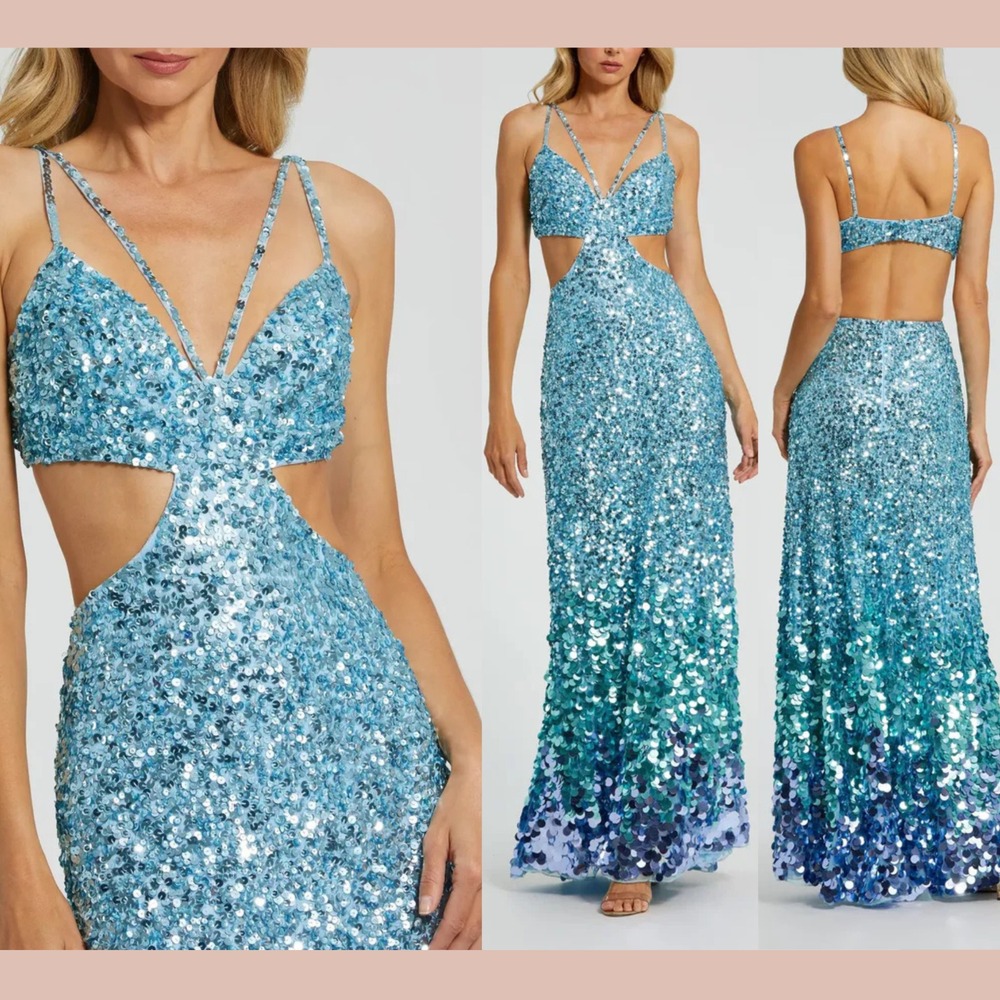 NWT Mac Duggal [ 4 ] 6077 Thin Strap Cut Out Evening Gown w/ Ombre Sequins Q1206